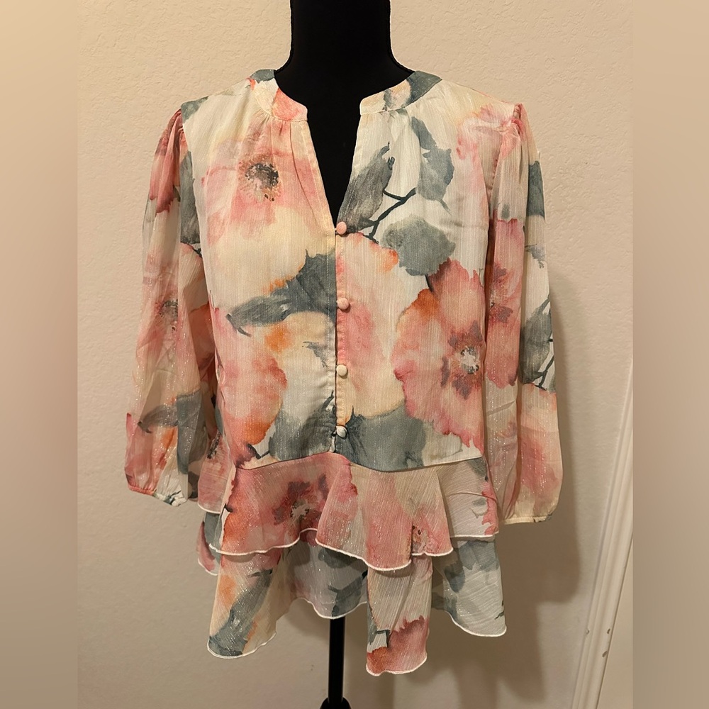 Enfocus Studio Floral Ruffle Peplum Blouse - Cream Pink Green. Sz Large. NWT‎